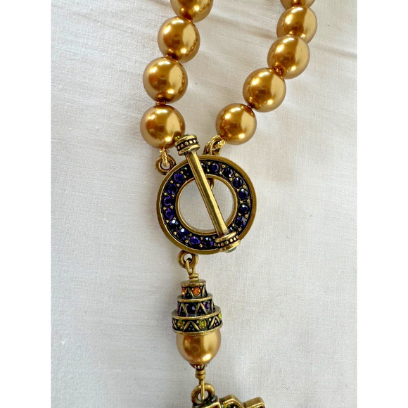 Heidi Daus Bronze Crystal Pearl Necklace Art Deco Toggle w Matching Earrings Box - Picture 7 of 9